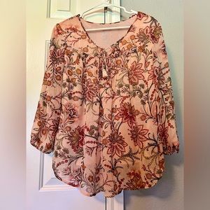 St. John’s Bay Pink Floral Split Tie Neck Blouse Size M